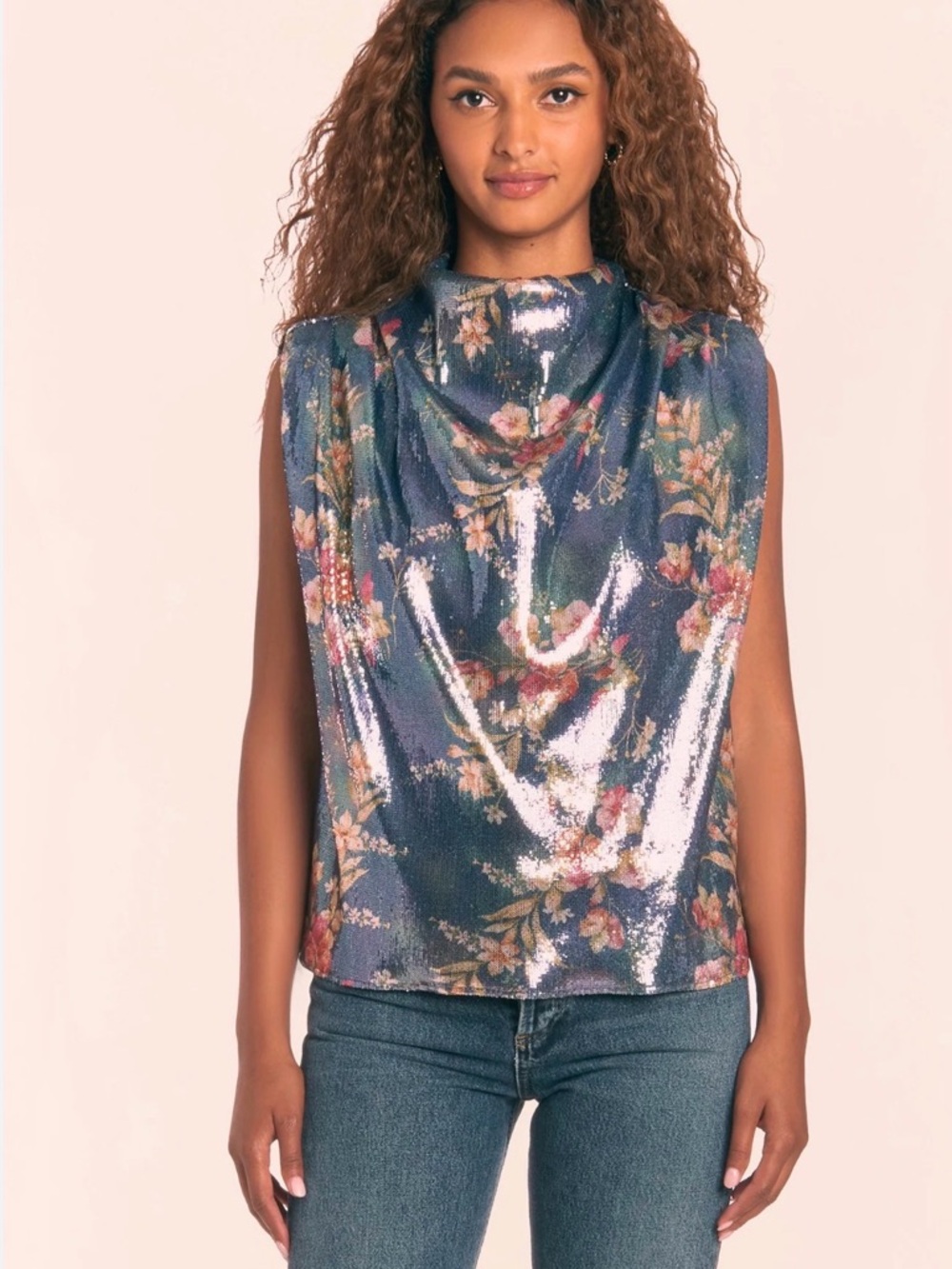 Amanda Uprichard Navy Sequin Floral Top